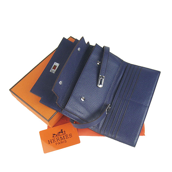 High Quality Hermes Kelly Long Clutch Bag Dark Blue H009 Replica - Click Image to Close